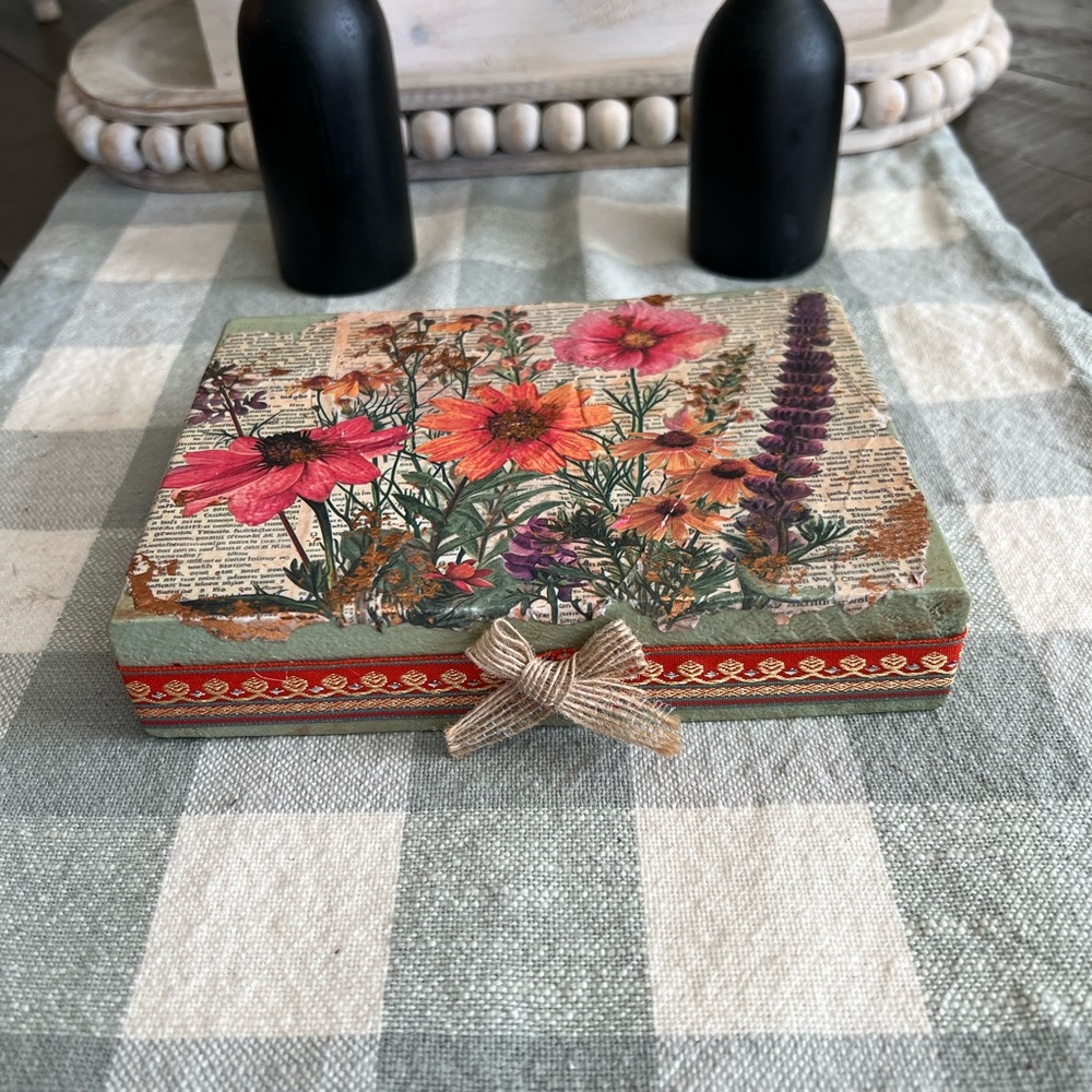 Floral Decorative Piece with Bow One of A Kind Solid Wood Piece